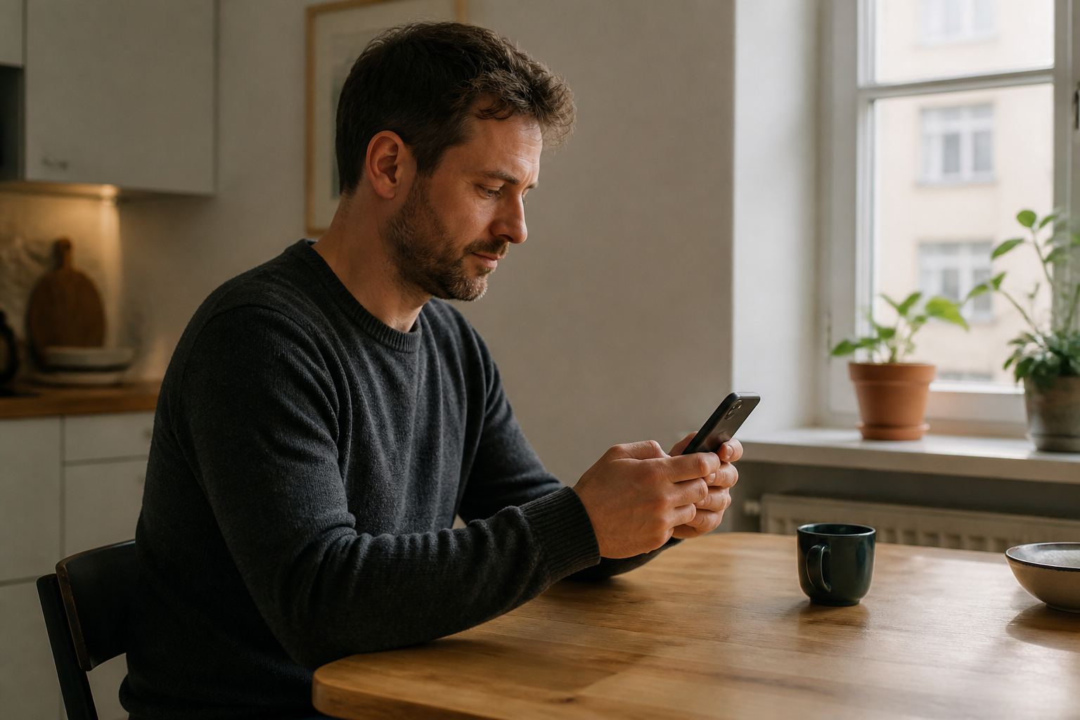 Ein erwachsener Mann schaut zuhause auf sein Telefon.